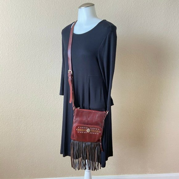 American West Leather Crossbody Handbag Fringe Western Burgundy Studded - Picture 1 of 12